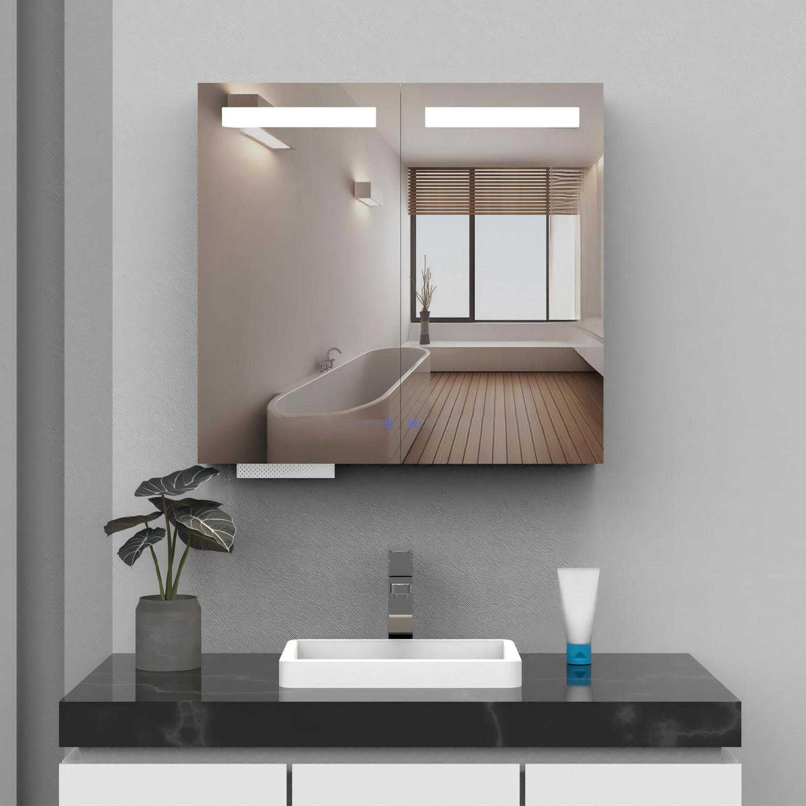 LED Double Door Mirror Cabinet with Tissue Dispenserand Automatic Soap Dispenser - Image 4