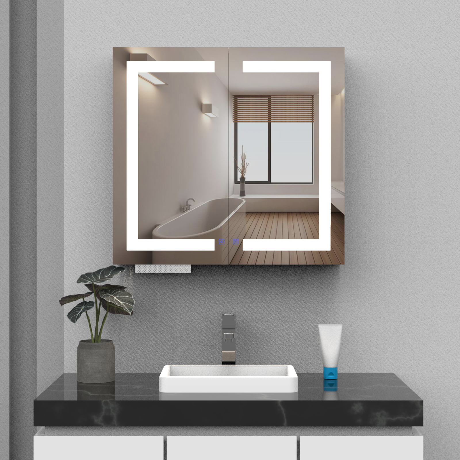 LED Double Door Mirror Cabinet with Tissue Dispenserand Automatic Soap Dispenser - Image 5