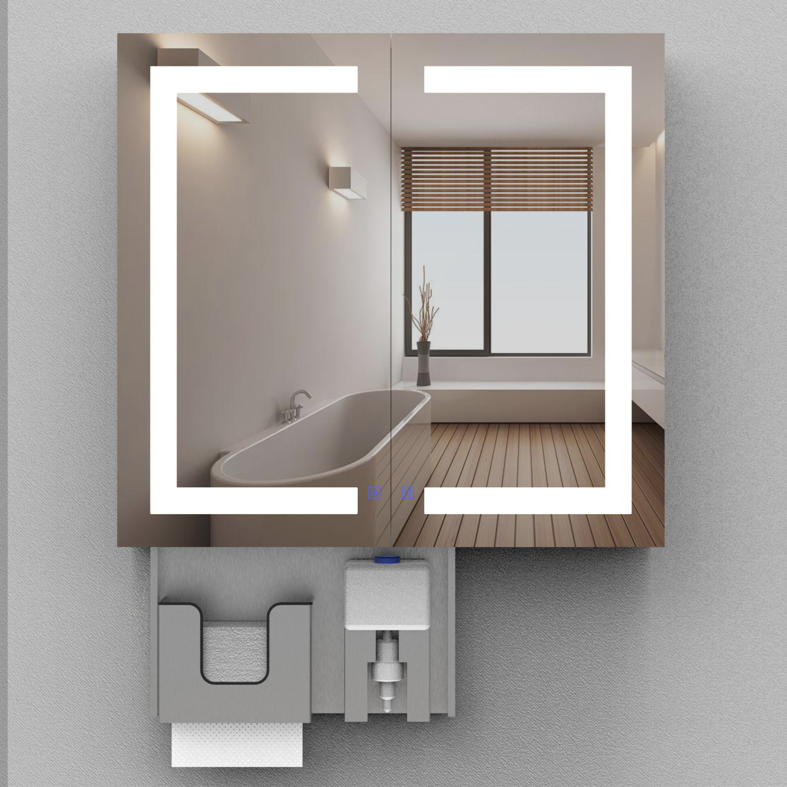 LED Double Door Mirror Cabinet with Tissue Dispenserand Automatic Soap Dispenser - Image 6