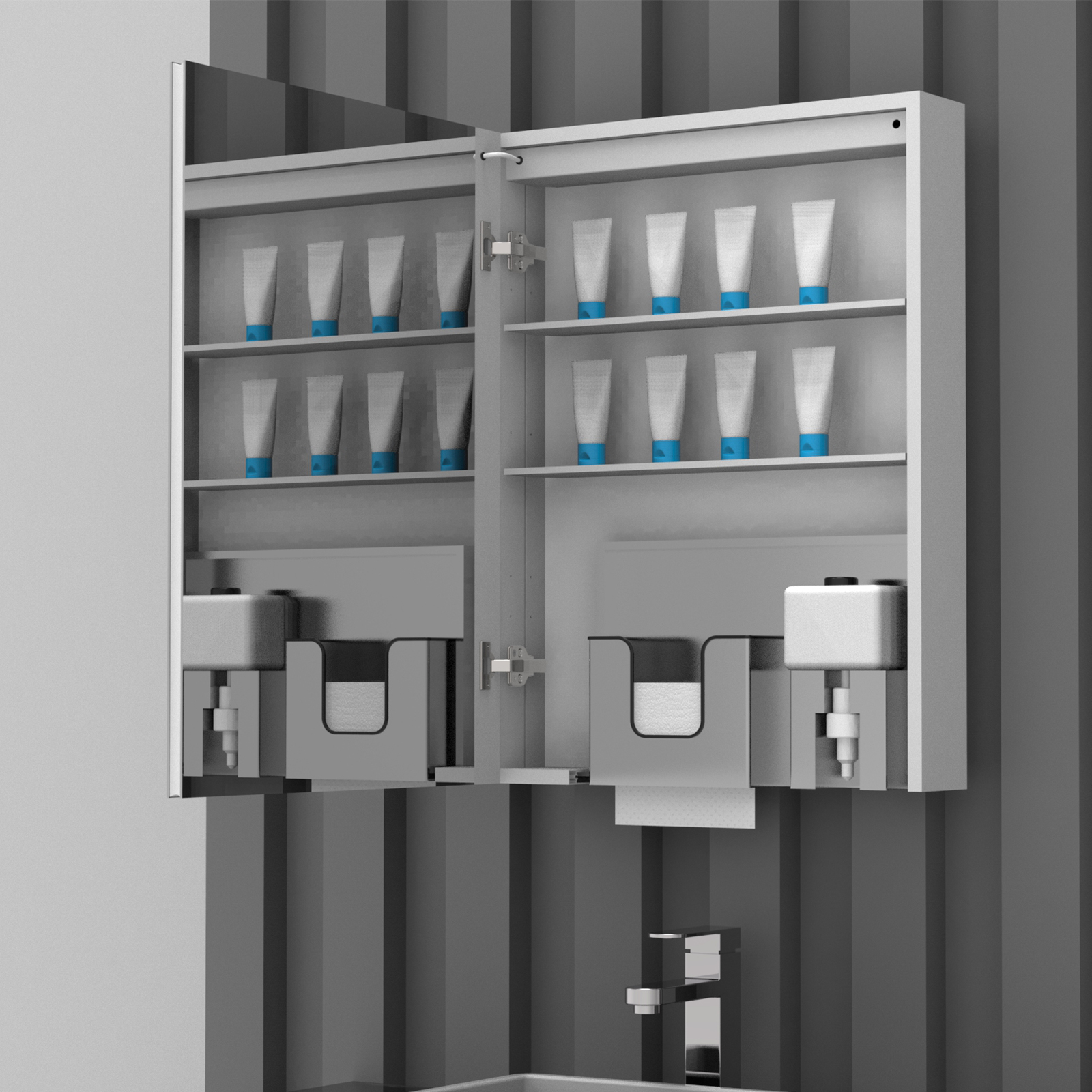 LED Single Door Mirror Cabinet with Tissue Dispenserand Automatic Soap Dispenser - Image 5