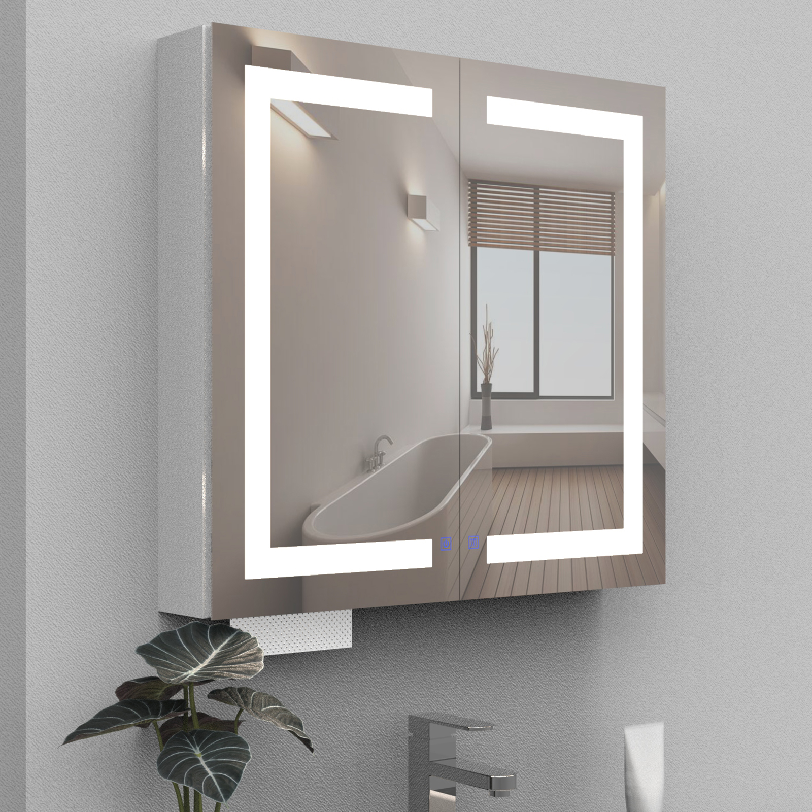 LED Double Door Mirror Cabinet with Tissue Dispenserand Automatic Soap Dispenser